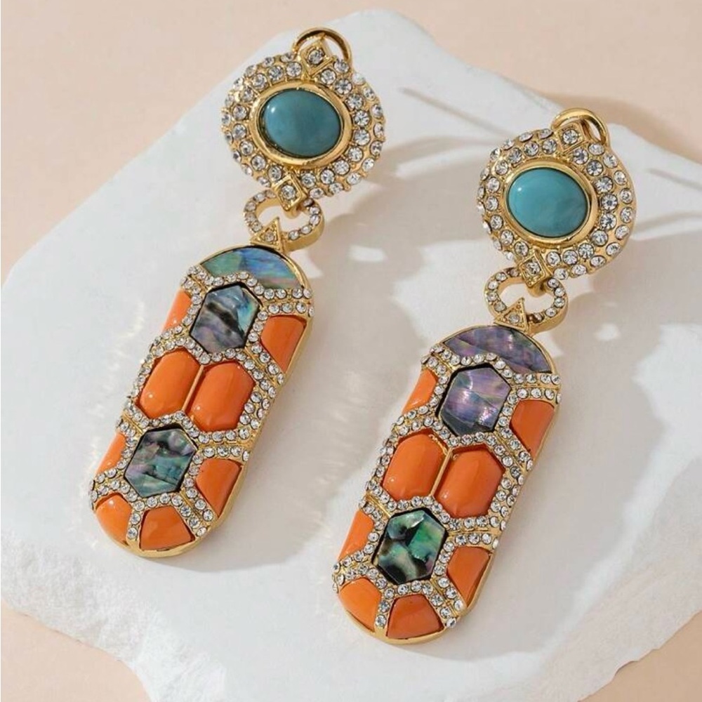 Mosaic Drop Post Earrings- Coral, Abalone & Turquoise - Gold Tone NEW - Picture 5 of 5